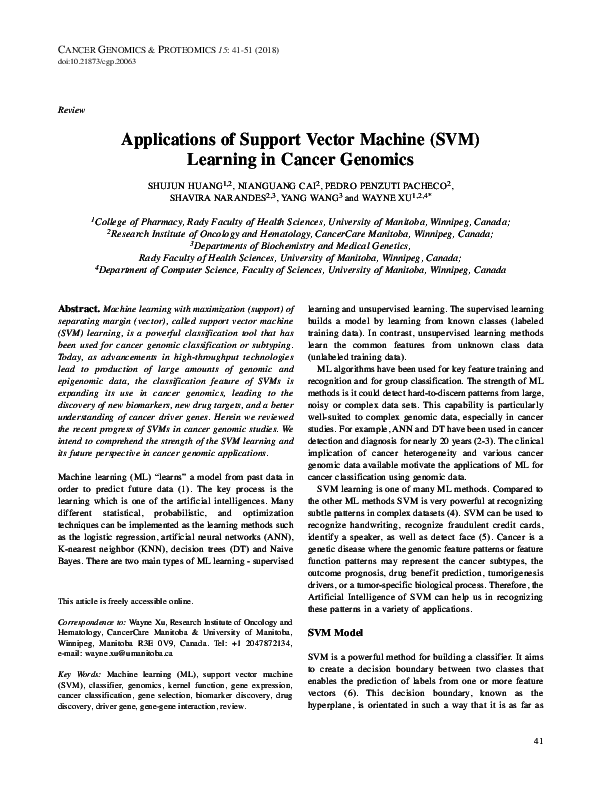 (PDF) Applications of Support Vector Machine (SVM) Learning in Cancer ...