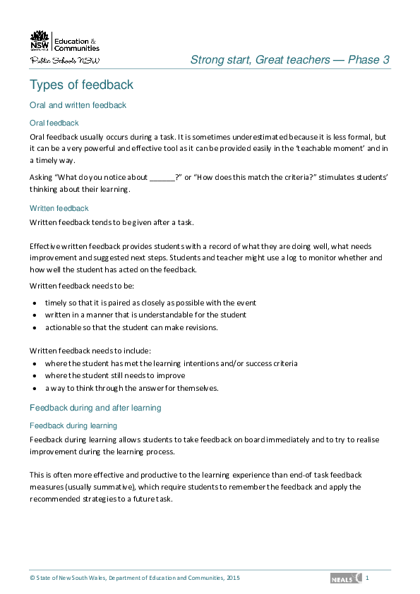 (PDF) Types of feedback Oral and written feedback Oral feedback