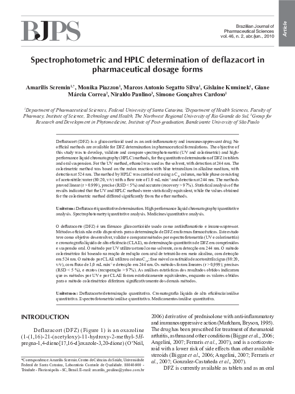 (PDF) Spectrophotometric and HPLC determination of deflazacort in ...
