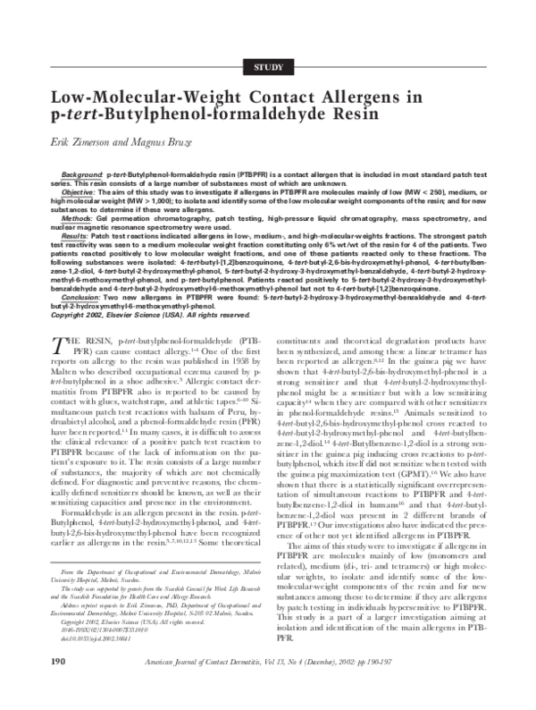 (PDF) Lowmolecularweight contact allergens in ptertbutylphenolformaldehyde resin Magnus