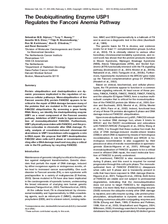 (PDF) The Deubiquitinating Enzyme USP1 Regulates the Fanconi Anemia Pathway
