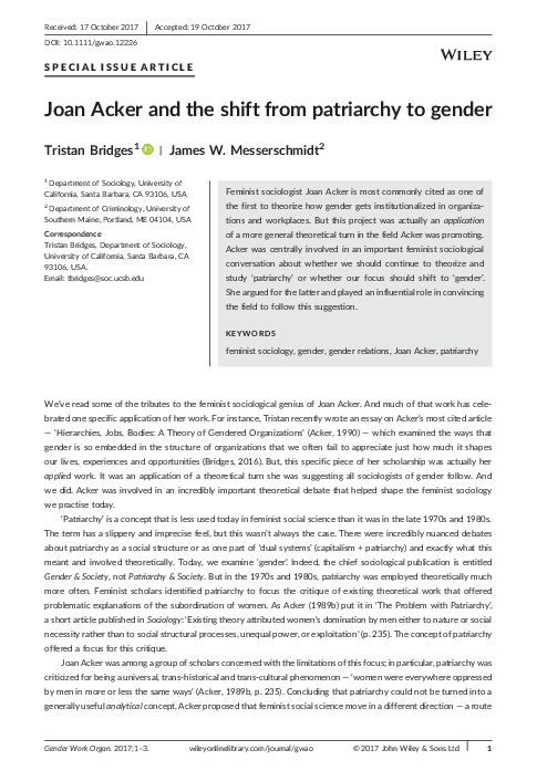 First page of “Joan Acker and the shift from patriarchy to gender”