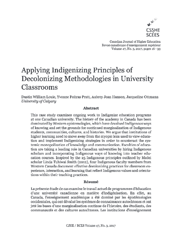 (PDF) Applying Indigenizing Principles of Decolonizing Methodologies in ...
