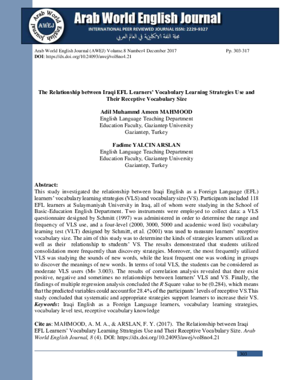 (PDF) The Relationship between Iraqi EFL Learners' Vocabulary Learning ...