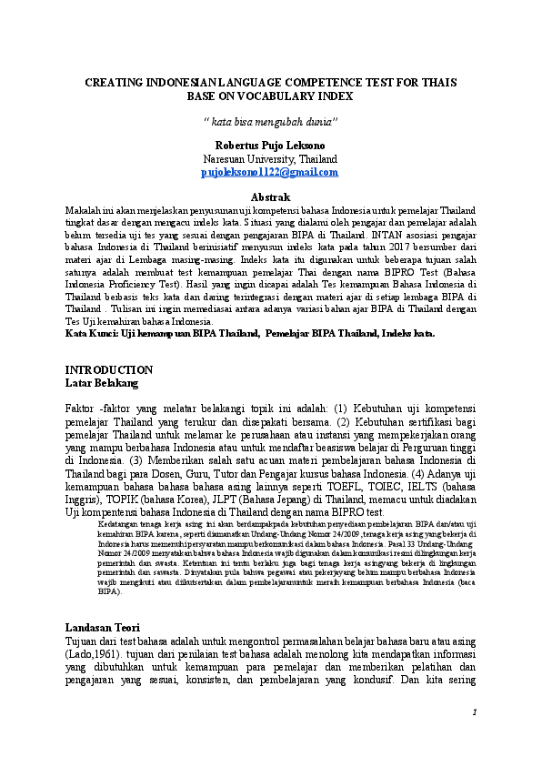 Pdf Creating Indonesian Language Competence Test For Thais Base On