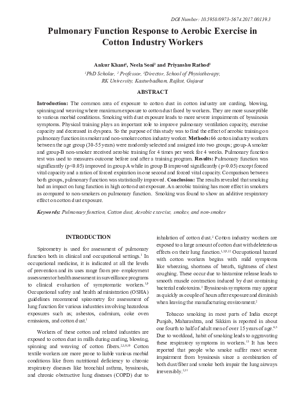 (PDF) Pulmonary Function Response to Aerobic Exercise in Cotton ...