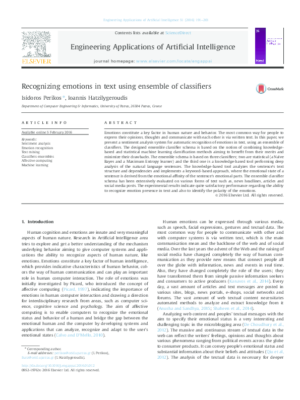 (PDF) Recognizing emotions in text using ensemble of classifiers
