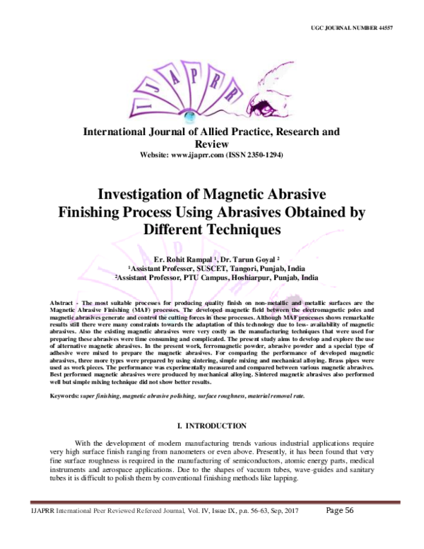 (PDF) Investigation of Abrasive Finishing Process Using