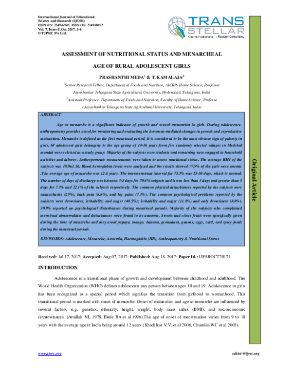 (PDF) ASSESSMENT OF NUTRITIONAL STATUS AND MENARCHEAL AGE OF RURAL ...