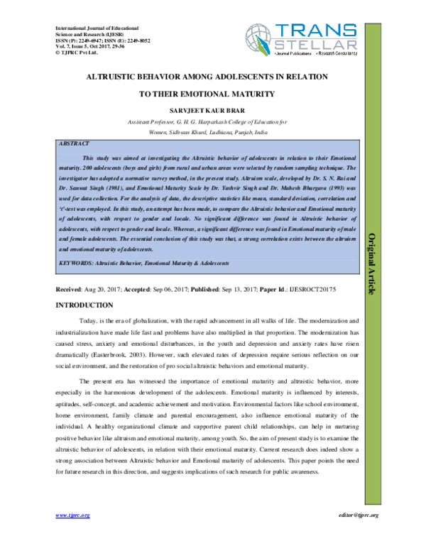(PDF) ALTRUISTIC BEHAVIOR AMONG ADOLESCENTS IN RELATION TO THEIR ...