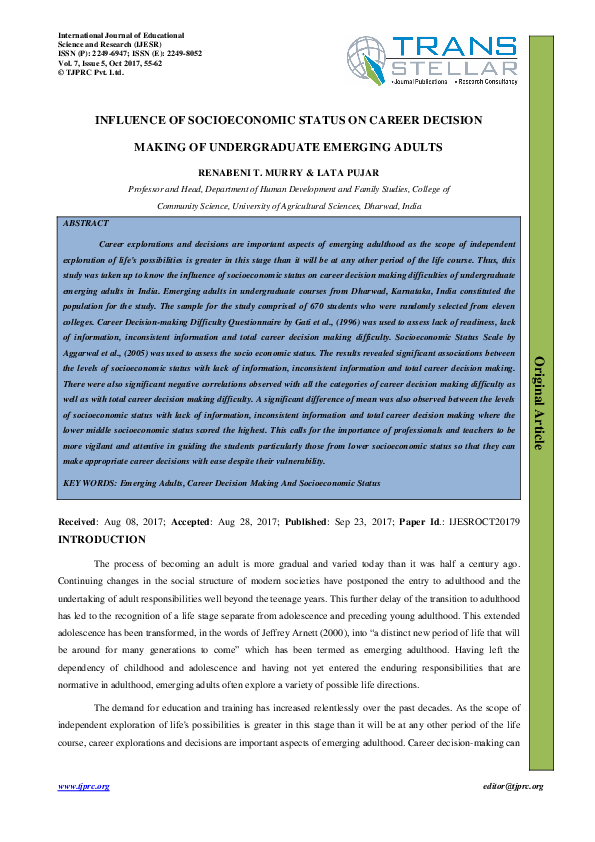 (PDF) INFLUENCE OF SOCIOECONOMIC STATUS ON CAREER DECISION MAKING OF