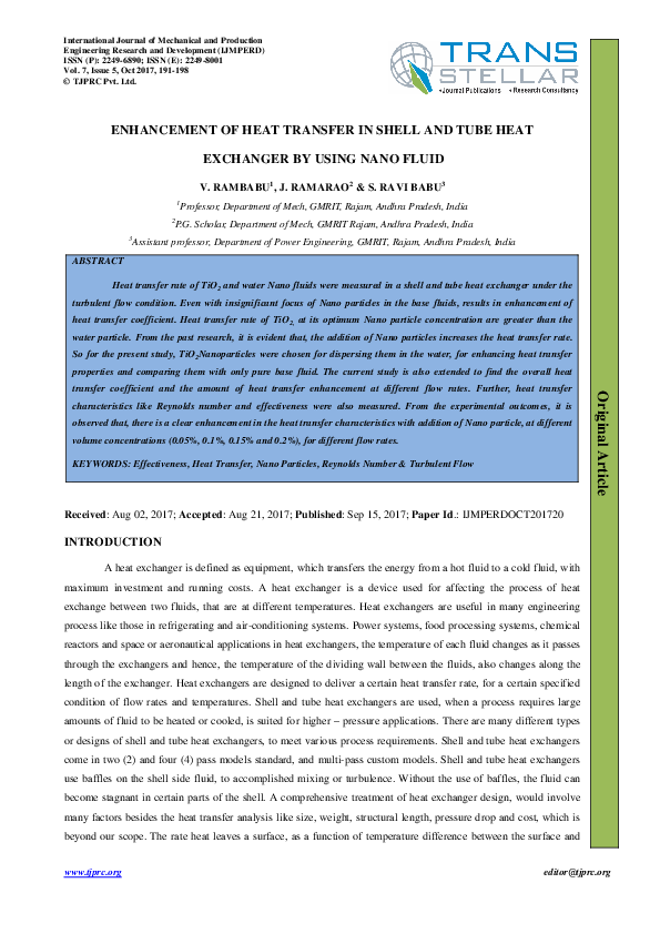 (PDF) ENHANCEMENT OF HEAT TRANSFER IN SHELL AND TUBE HEAT EXCHANGER BY ...