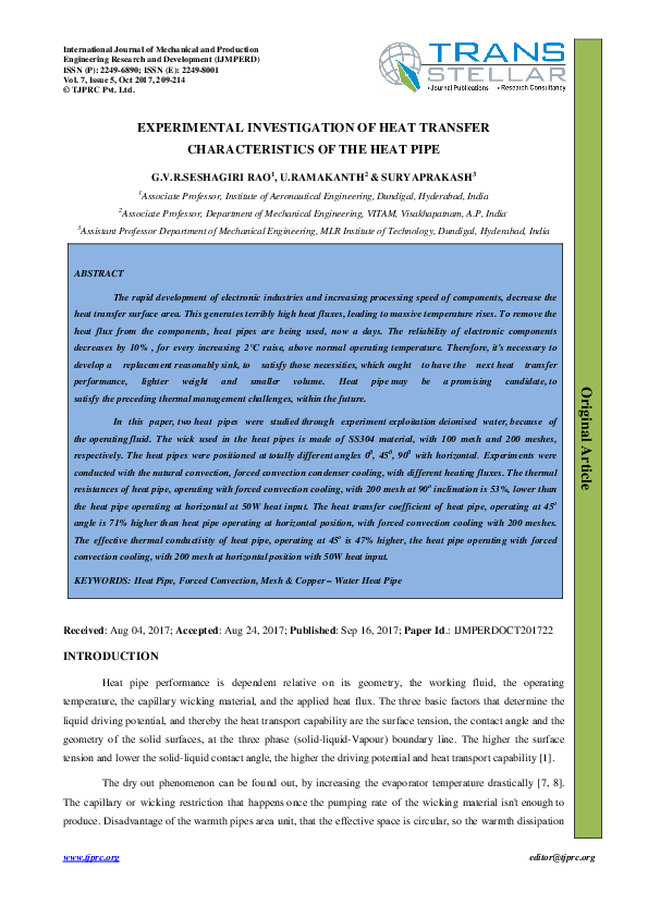 (PDF) EXPERIMENTAL INVESTIGATION OF HEAT TRANSFER CHARACTERISTICS OF ...