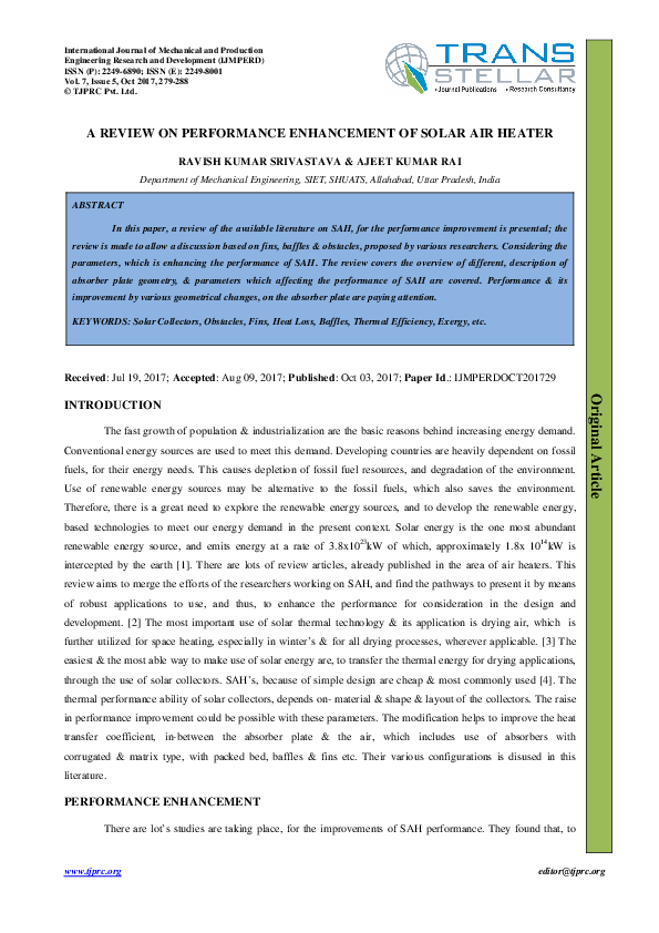 (PDF) A REVIEW ON PERFORMANCE ENHANCEMENT OF SOLAR AIR HEATER