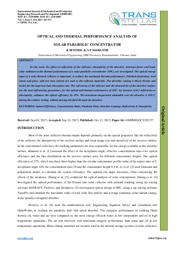 (PDF) OPTICAL AND THERMAL PERFORMANCE ANALYSIS OF SOLAR PARABOLIC ...