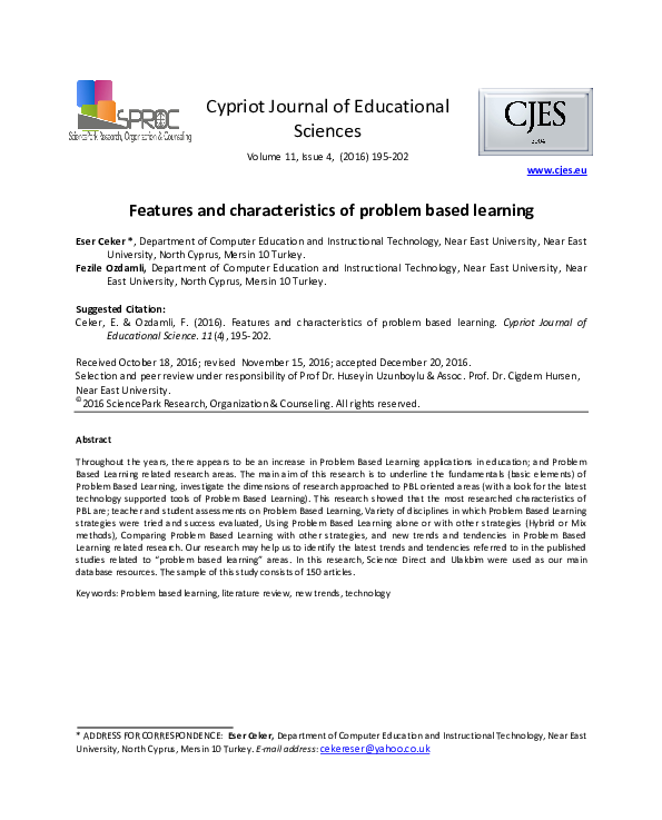 (PDF) Features and characteristics of problem based learning