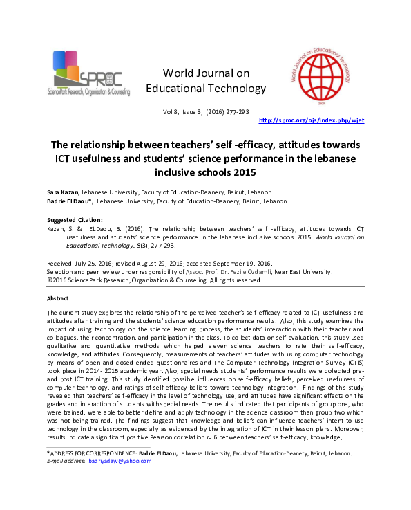 (PDF) The relationship between teachers' self -efficacy, attitudes ...