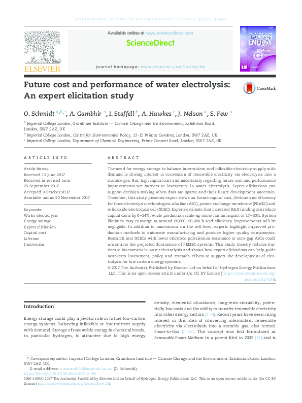 (PDF) Future cost and performance of water electrolysis: An expert ...