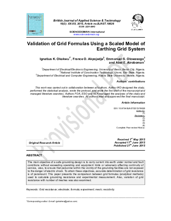 (PDF) Validation of Grid Formulas Using a Scaled Model of Earthing Grid ...