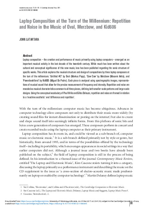 Laptop Composition at the Turn of the Millennium: Repetition and Noise in the Music of Oval, Merzbow, and Kid606