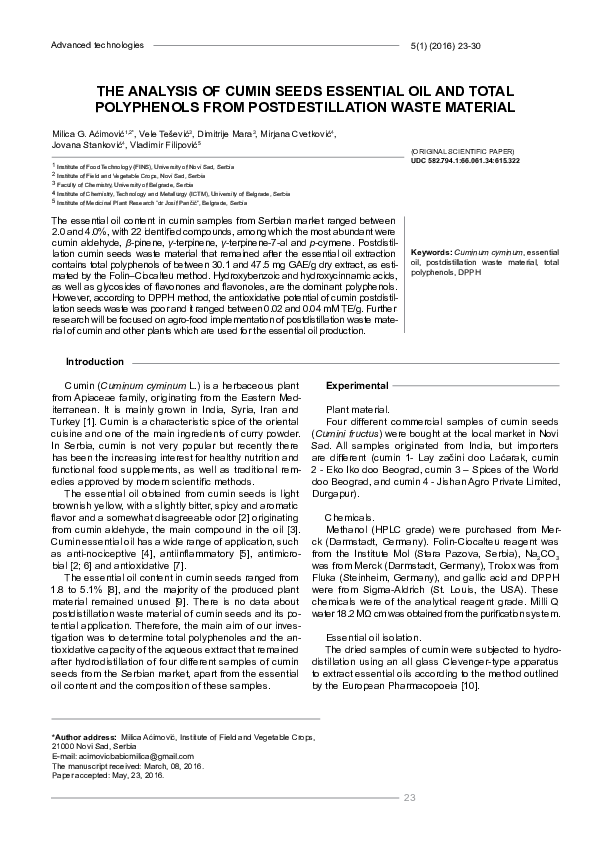 THE ANALYSIS OF CUMIN SEEDS ESSENTIAL OIL AND TOTAL POLYPHENOLS FROM