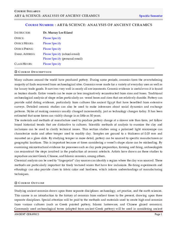 (PDF) Course Syllabus ART & SCIENCE ANALYSIS OF ANCIENT CERAMICS