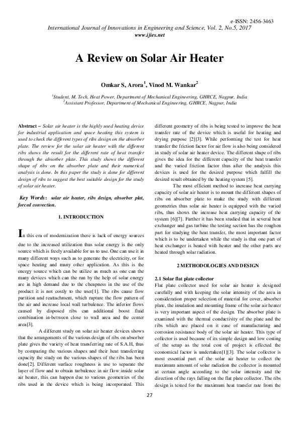 (PDF) A Review on Solar Air Heater International Journal of