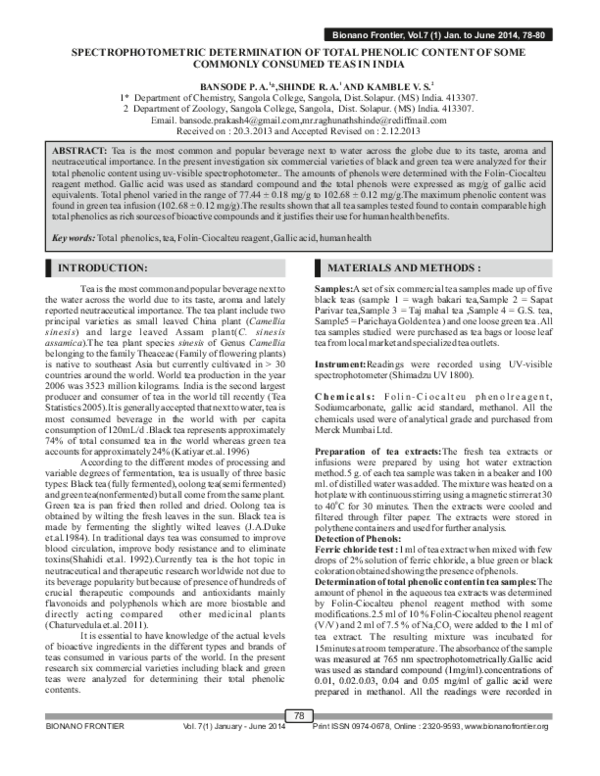 (PDF) SPECTROPHOTOMETRIC DETERMINATION OF TOTAL PHENOLIC CONTENT OF ...