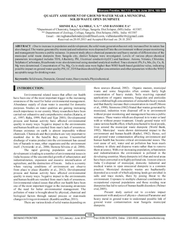 (PDF) QUALITY ASSESSMENT OF GROUND WATER NEAR A MUNICIPAL SOLID WASTE ...