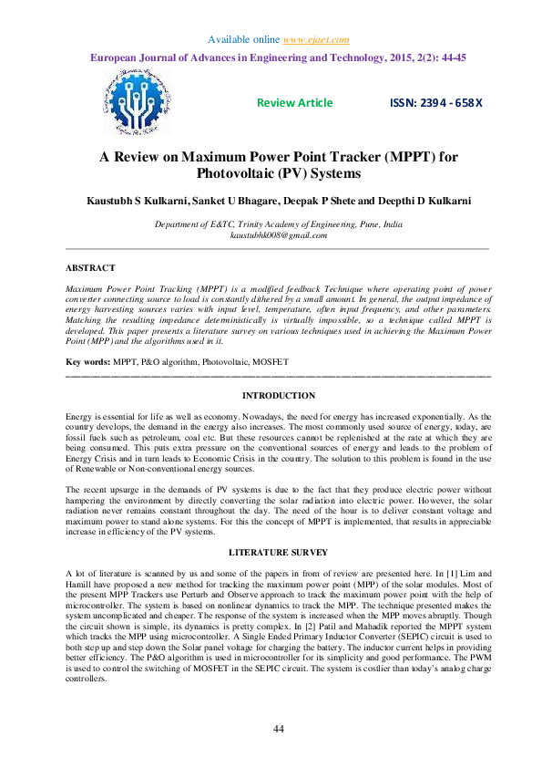 (PDF) A Review on Maximum Power Point Tracker (MPPT) for Photovoltaic ...