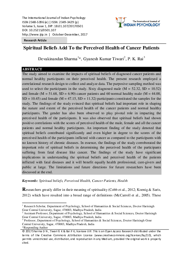 (PDF) Spiritual Beliefs Add To the Perceived Health of Cancer Patients