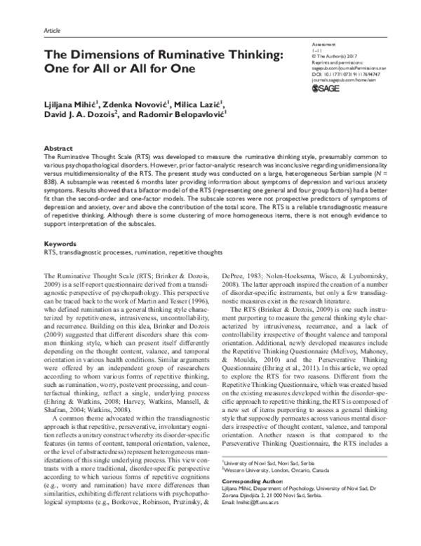 (PDF) The Dimensions of Ruminative Thinking One for All or All for One.pdf