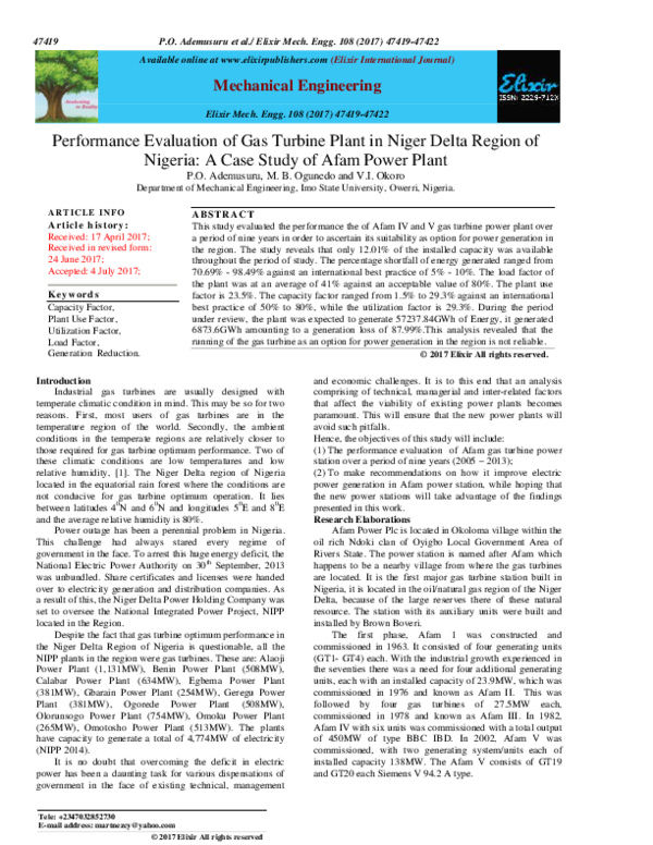 (PDF) Performance Evaluation of Gas Turbine Plants in Niger Delta ...