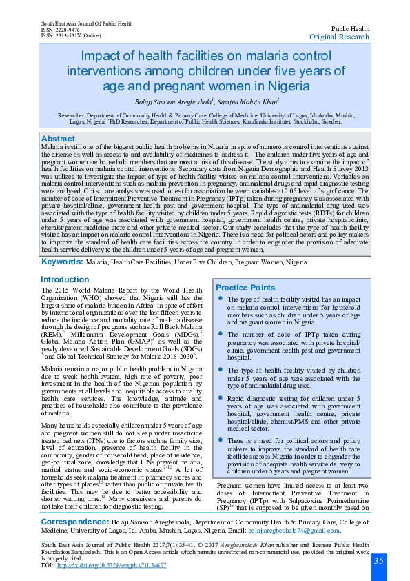 (PDF) Impact of health facilities on malaria control interventions ...