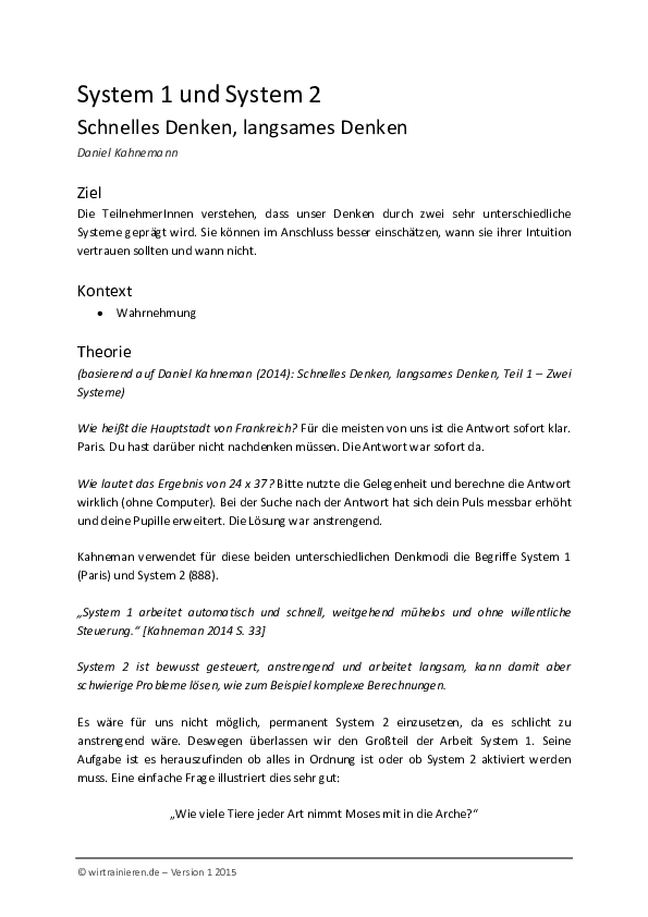 (PDF) System 1 und System 2 Schnelles Denken, langsames Denken