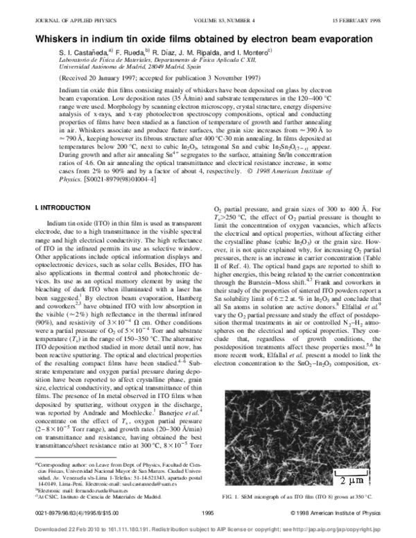 (PDF) Whiskers in indium tin oxide films obtained by electron beam