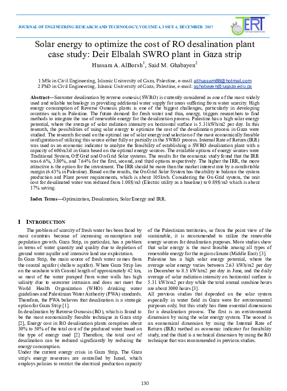 (PDF) Solar energy to optimize the cost of RO desalination plant case ...