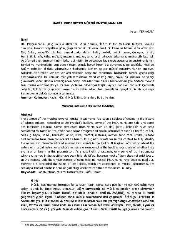 (PDF) HADİSLERDE GEÇEN MÛSİKÎ ENSTRÜMANLARI Musical Instruments in the