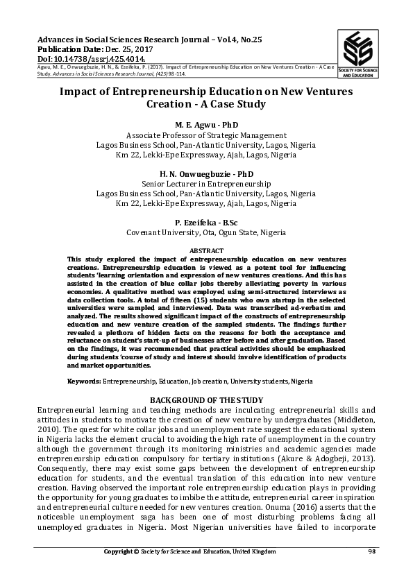 (PDF) Impact of Entrepreneurship Education on New Ventures Creation - A ...