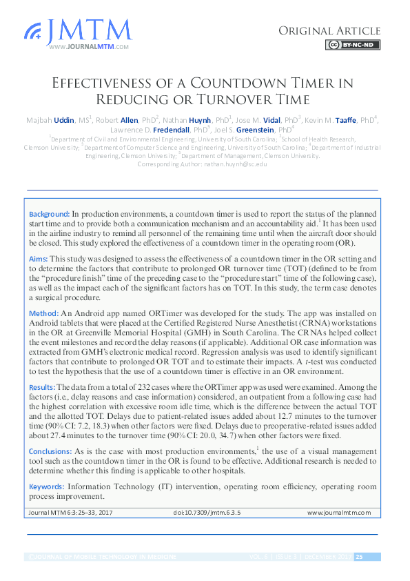 (PDF) Effectiveness of a Countdown Timer in Reducing OR Turnover Time