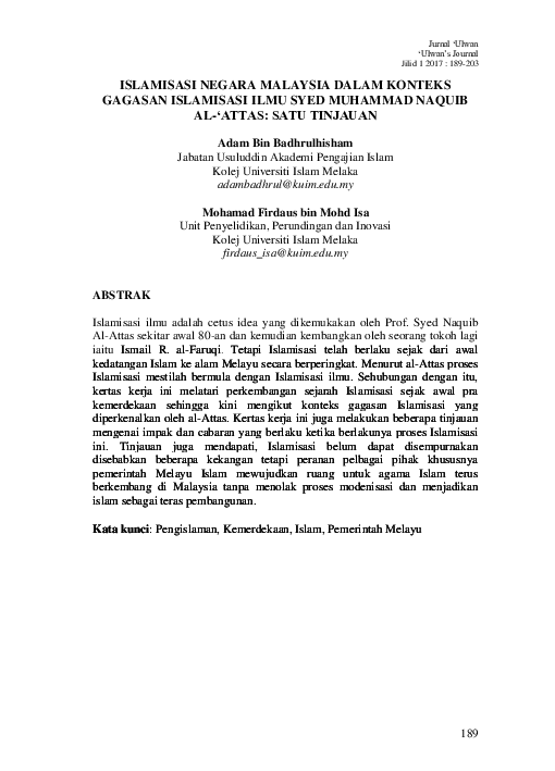 Pdf Islamisasi Negara Malaysia Dalam Konteks Gagasan Islamisasi Ilmu Syed Muhammad Naquib Al Attas Satu Tinjauan Mohammad Firdaus Bin Mohd Isa And Adam Badhrulhisham Academia Edu