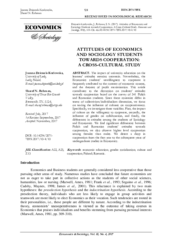 (PDF) ATTITUDES OF ECONOMICS AND SOCIOLOGY STUDENTS TOWARDS COOPERATION ...