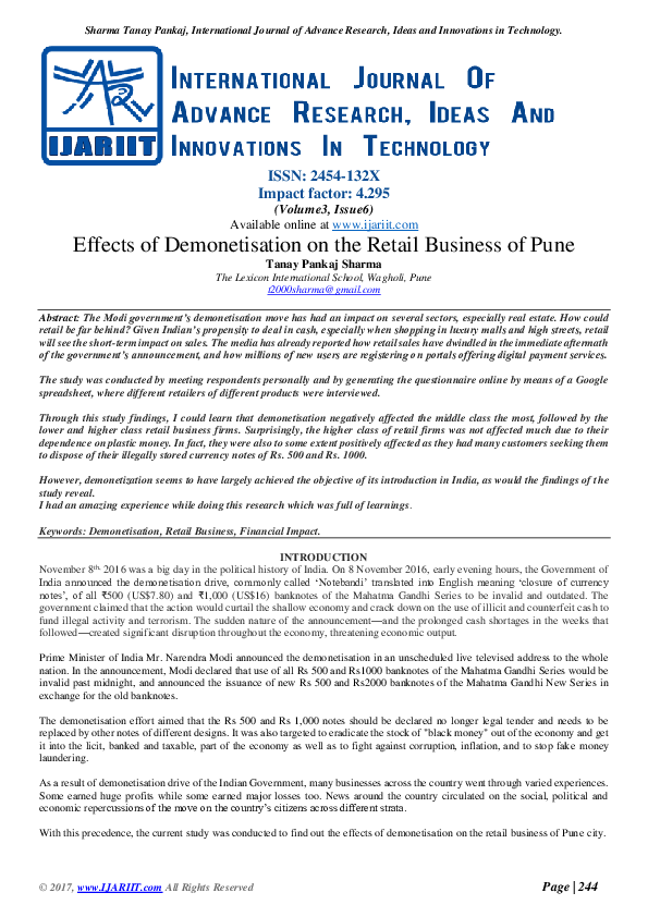 PDF) Effects of Demonetisation on the Retail Business of Pune