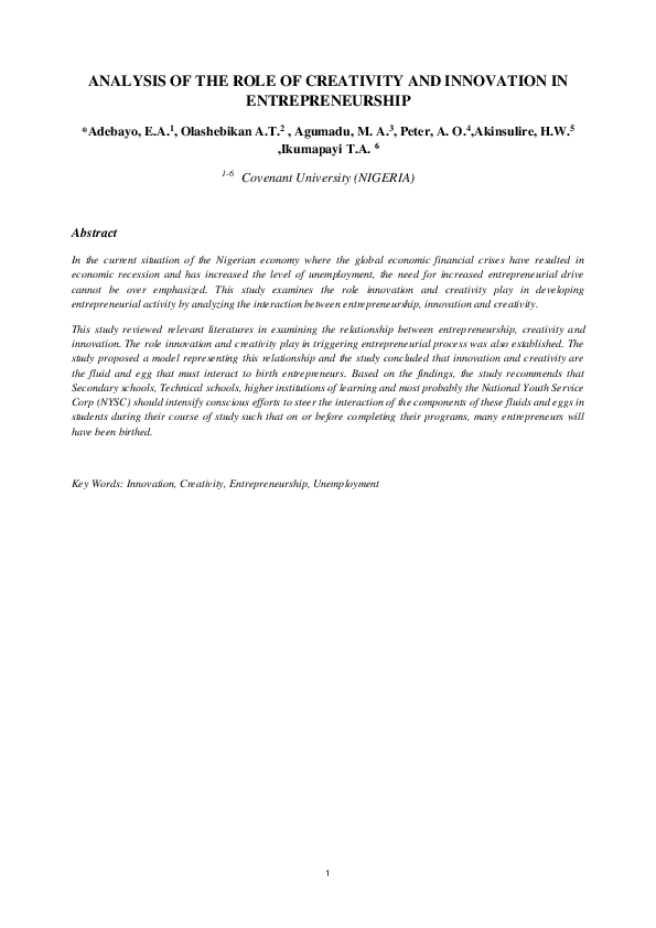 (DOC) ANALYSIS OF THE ROLE OF CREATIVITY AND INNOVATION IN ENTREPRENEURSHIP