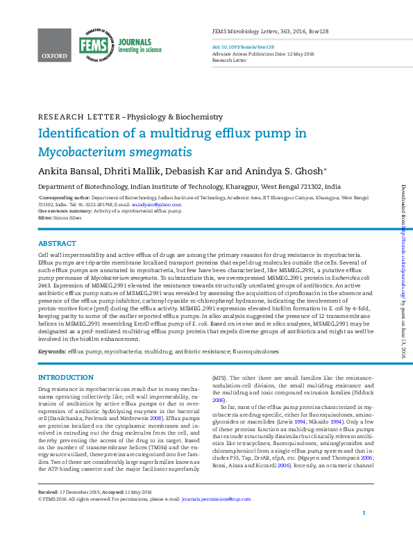 (PDF) Identification of a multidrug efflux pump in Mycobacterium smegmatis