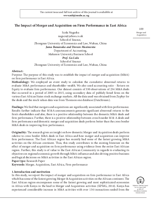 (PDF) The impact of Merger and Acquisitions on firm performance