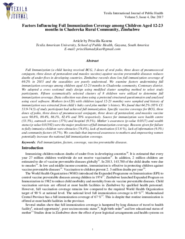 (PDF) Factors Influencing Full Immunization Coverage among Children ...