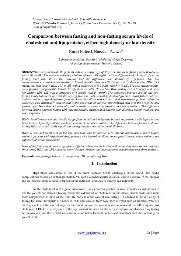 (PDF) Comparison between fasting and nonfasting serum levels of