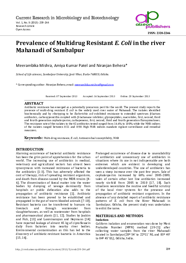 (PDF) Prevalence of Multidrug Resistant E. Coli in the river Mahanadi ...