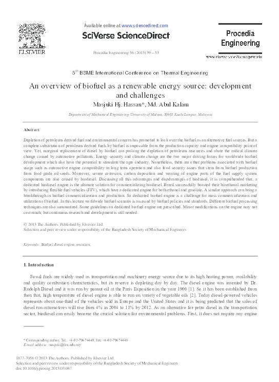 (PDF) An Overview of Biofuel as a Renewable Energy Source: Development ...